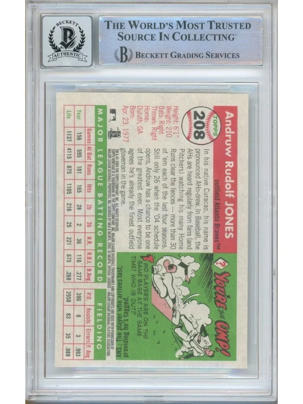 Andruw Jones Signed 2004 Topps Heritage #208 Baseball Card Beckett BAS Auto 10